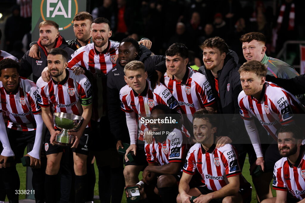 31 January 2026; Derry City players celebrate with the President's Cup after the 2026 Men's President's Cup final match between Shamrock Rovers and Derry City at Tallaght Stadium in Dublin. Photo by Michael P Ryan/Sportsfile