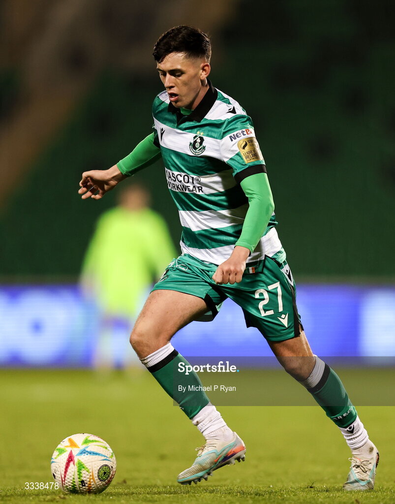 31 January 2026; Cory O'Sullivan of Shamrock Rovers during the 2026 Men's President's Cup final match between Shamrock Rovers and Derry City at Tallaght Stadium in Dublin. Photo by Michael P Ryan/Sportsfile