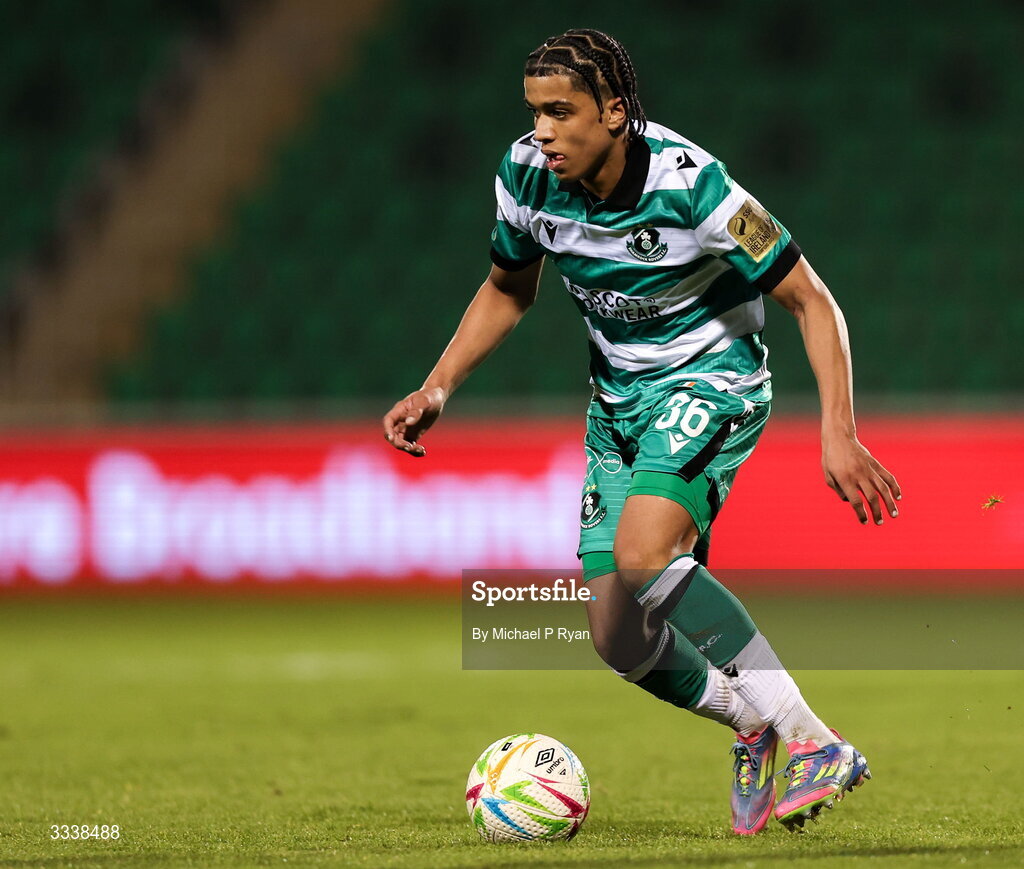 31 January 2026; Victor Ozhianvuna of Shamrock Rovers during the 2026 Men's President's Cup final match between Shamrock Rovers and Derry City at Tallaght Stadium in Dublin. Photo by Michael P Ryan/Sportsfile