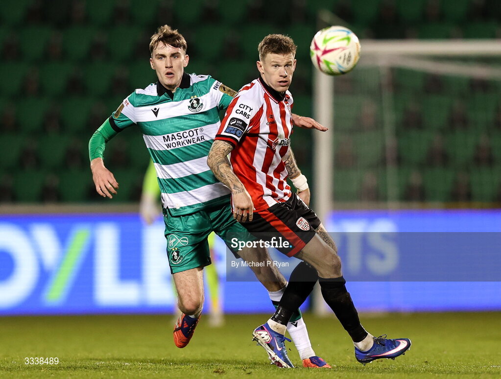 31 January 2026; James McClean of Derry City in action against Matt Healy of Shamrock Rovers during the 2026 Men's President's Cup final match between Shamrock Rovers and Derry City at Tallaght Stadium in Dublin. Photo by Michael P Ryan/Sportsfile