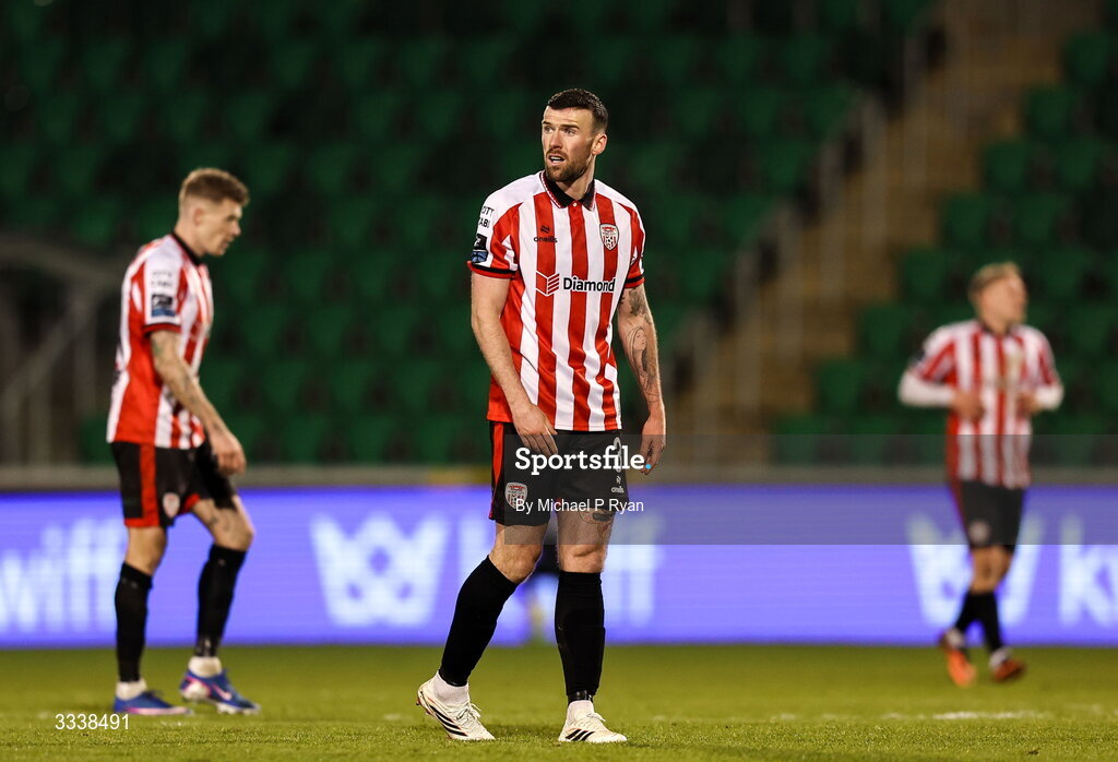 31 January 2026; Patrick McClean of Derry City during the 2026 Men's President's Cup final match between Shamrock Rovers and Derry City at Tallaght Stadium in Dublin. Photo by Michael P Ryan/Sportsfile