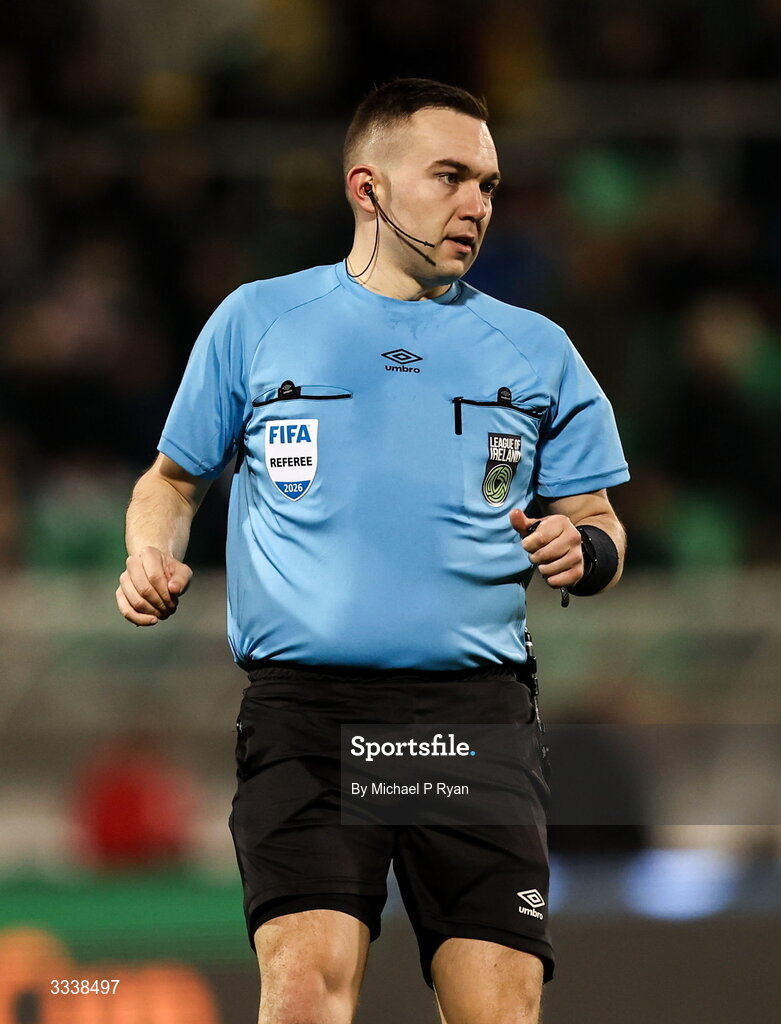 31 January 2026; Referee Kevin O'Sullivan during the 2026 Men's President's Cup final match between Shamrock Rovers and Derry City at Tallaght Stadium in Dublin. Photo by Michael P Ryan/Sportsfile