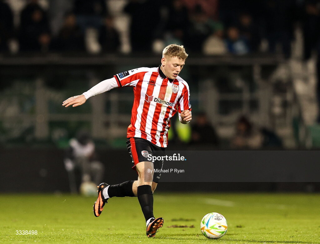 31 January 2026; Josh Thomas of Derry City during the 2026 Men's President's Cup final match between Shamrock Rovers and Derry City at Tallaght Stadium in Dublin. Photo by Michael P Ryan/Sportsfile