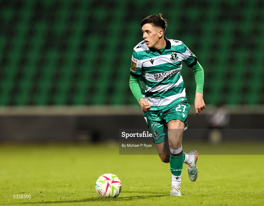 31 January 2026; Cory O'Sullivan of Shamrock Rovers during the 2026 Men's President's Cup final match between Shamrock Rovers and Derry City at Tallaght Stadium in Dublin. Photo by Michael P Ryan/Sportsfile