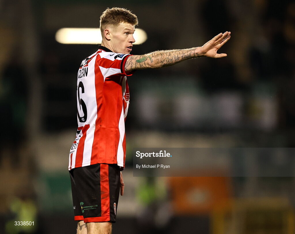 31 January 2026; James McClean of Derry City during the 2026 Men's President's Cup final match between Shamrock Rovers and Derry City at Tallaght Stadium in Dublin. Photo by Michael P Ryan/Sportsfile