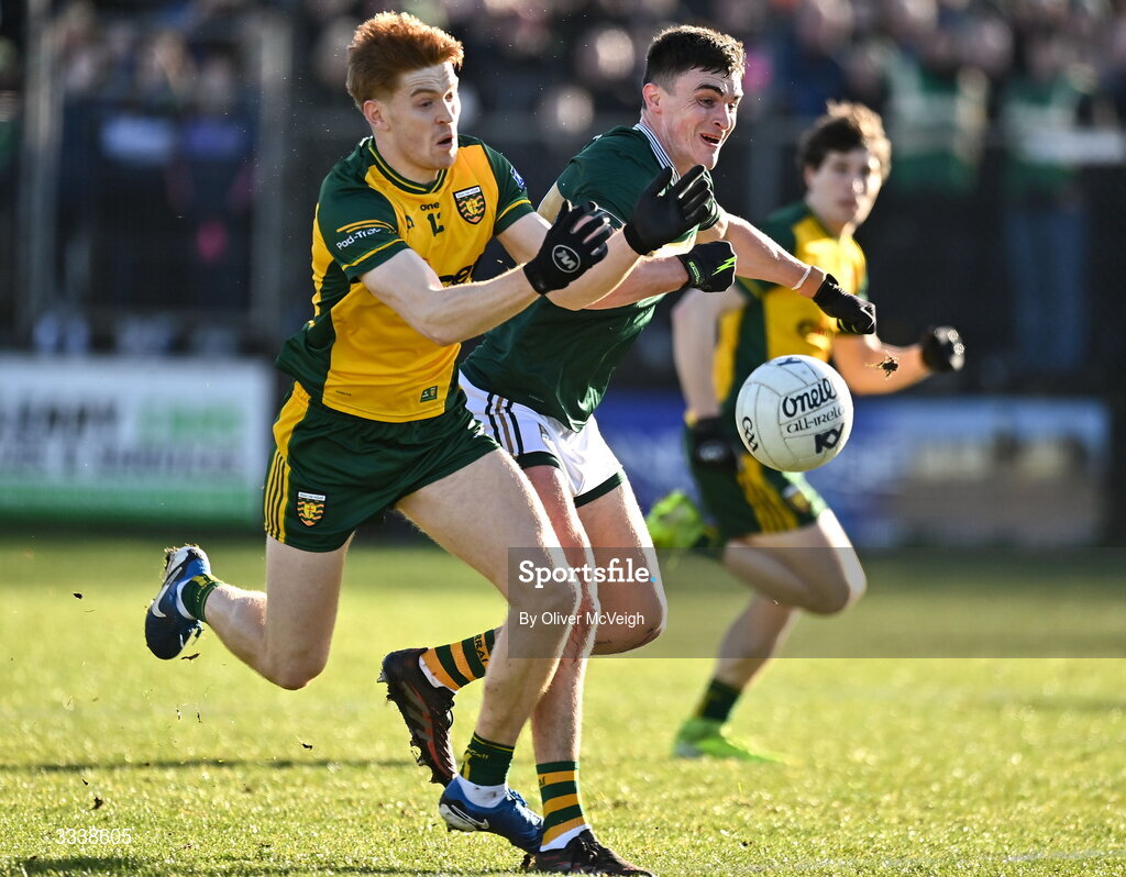 1 February 2026; Ciaran Moore of Donegal in action against Sean O'Shea of Kerry during the Allianz Football League Division 1 match between Donegal and Kerry at Fr Tierney Park in Ballyshannon, Donegal. Photo by Oliver McVeigh/Sportsfile