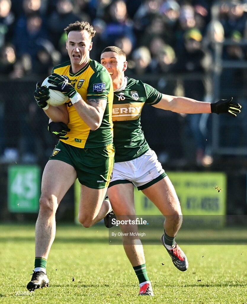 1 February 2026; Jason McGee of Donegal in action against Joe O’Connor of Kerry during the Allianz Football League Division 1 match between Donegal and Kerry at Fr Tierney Park in Ballyshannon, Donegal. Photo by Oliver McVeigh/Sportsfile