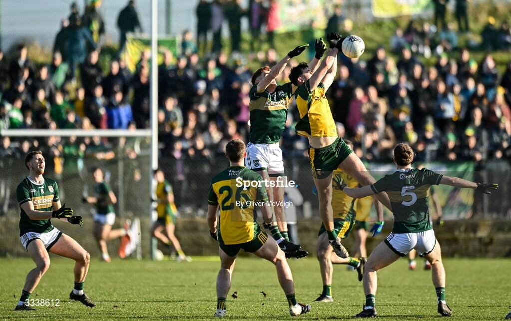 1 February 2026; Jason McGee of Donegal in action against Sean O'Brien of Kerry during the Allianz Football League Division 1 match between Donegal and Kerry at Fr Tierney Park in Ballyshannon, Donegal. Photo by Oliver McVeigh/Sportsfile