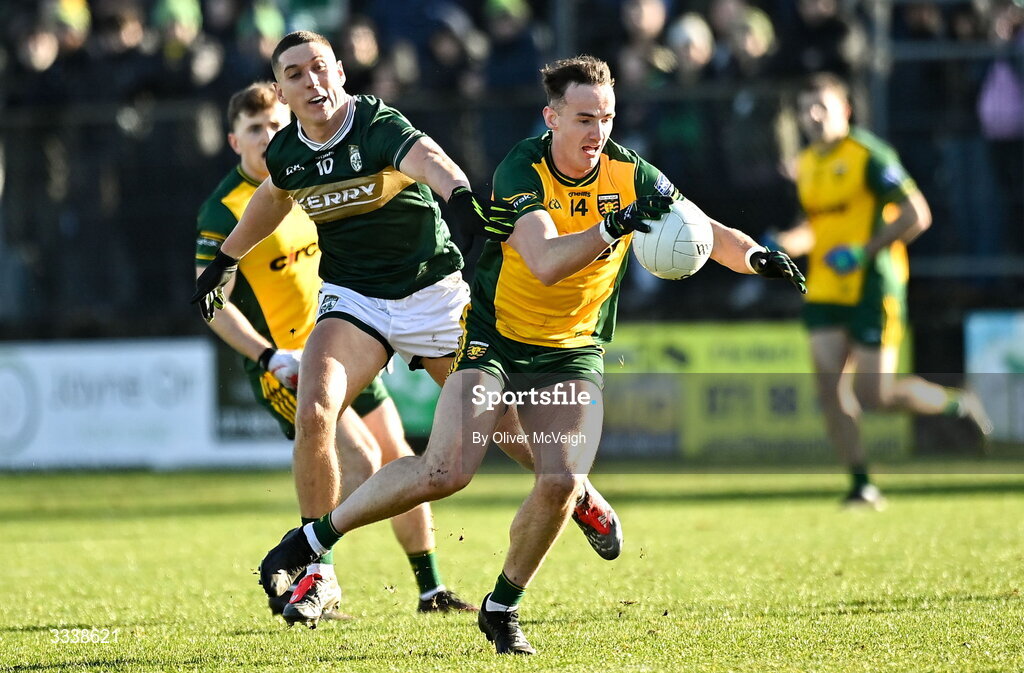 1 February 2026; Jason McGee of Donegal in action against Joe O’Connor of Kerry during the Allianz Football League Division 1 match between Donegal and Kerry at Fr Tierney Park in Ballyshannon, Donegal. Photo by Oliver McVeigh/Sportsfile