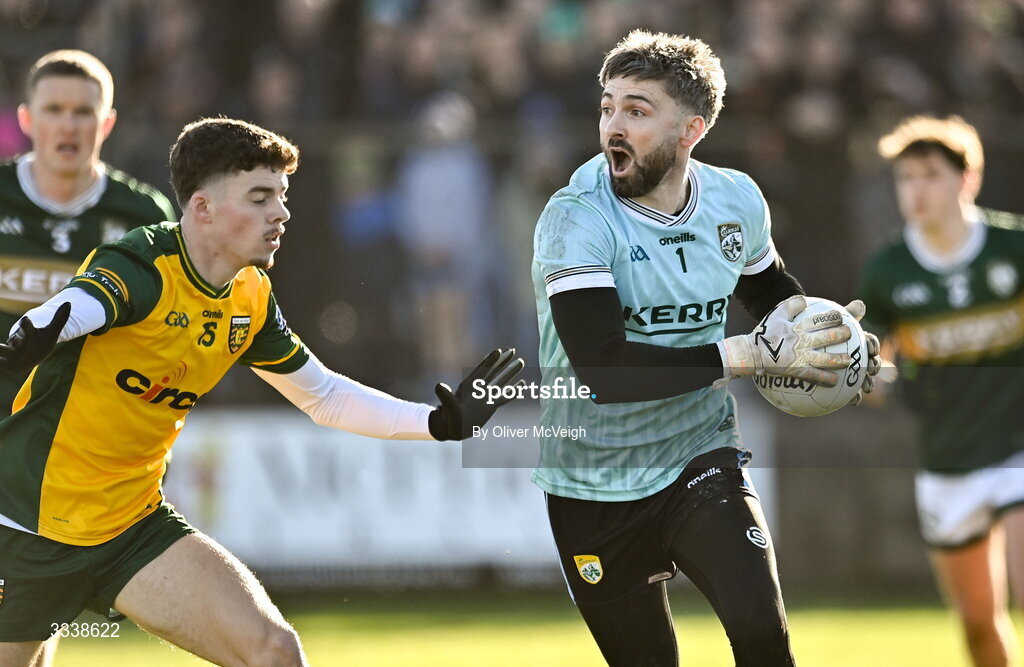 1 February 2026; Kerry goalkeeper Shane Murphy in action against Shea Malone of Donegal during the Allianz Football League Division 1 match between Donegal and Kerry at Fr Tierney Park in Ballyshannon, Donegal. Photo by Oliver McVeigh/Sportsfile