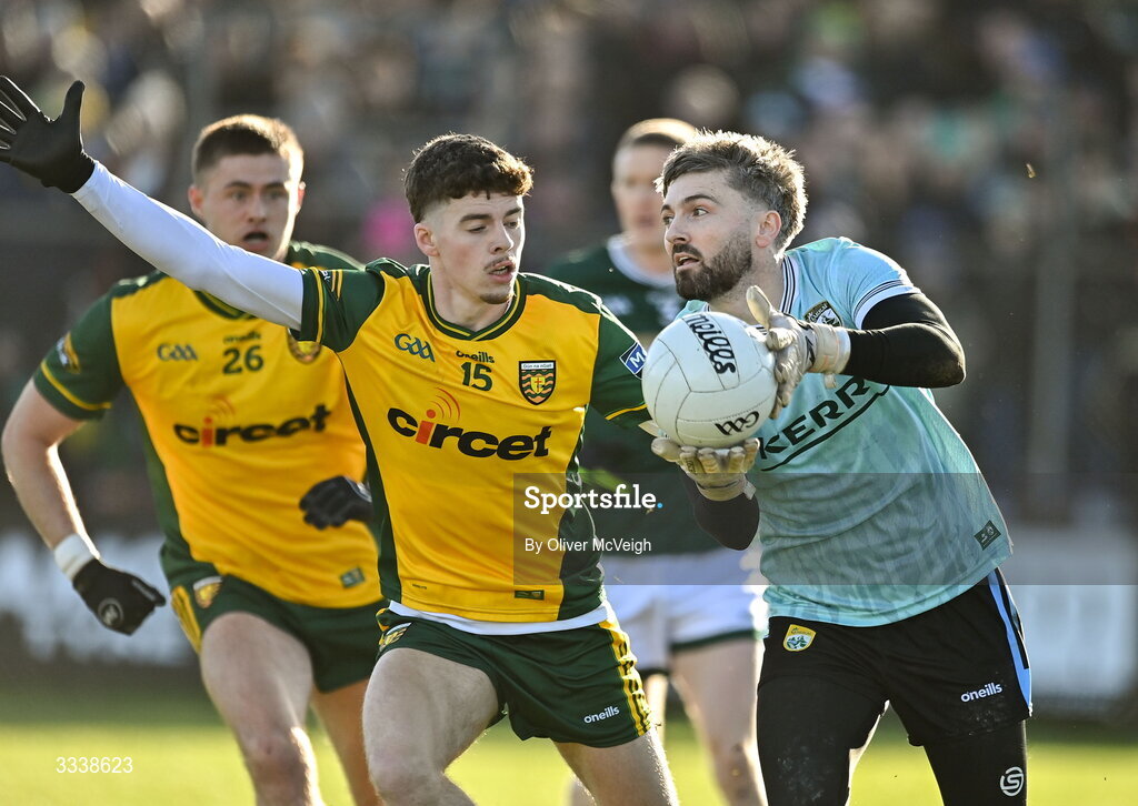 1 February 2026; Kerry goalkeeper Shane Murphy in action against Shea Malone of Donegal during the Allianz Football League Division 1 match between Donegal and Kerry at Fr Tierney Park in Ballyshannon, Donegal. Photo by Oliver McVeigh/Sportsfile