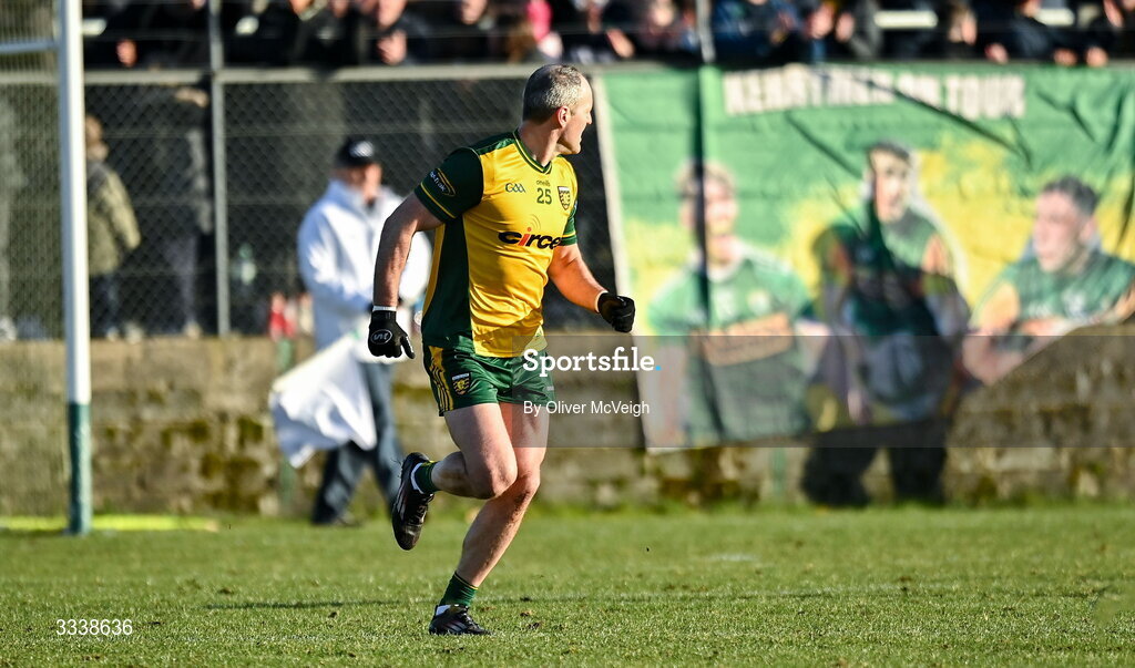 1 February 2026; Michael Murphy of Donegal after scoring his sides final point during the Allianz Football League Division 1 match between Donegal and Kerry at Fr Tierney Park in Ballyshannon, Donegal. Photo by Oliver McVeigh/Sportsfile