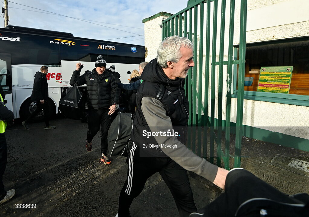 1 February 2026; Donegal manager Jimmy McGuinness arrives for the Allianz Football League Division 1 match between Donegal and Kerry at Fr Tierney Park in Ballyshannon, Donegal. Photo by Oliver McVeigh/Sportsfile