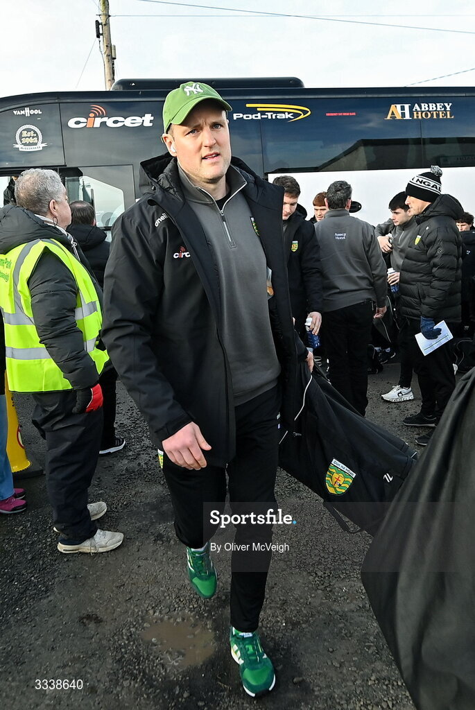 1 February 2026; Michael Murphy of Donegal arrives for the Allianz Football League Division 1 match between Donegal and Kerry at Fr Tierney Park in Ballyshannon, Donegal. Photo by Oliver McVeigh/Sportsfile