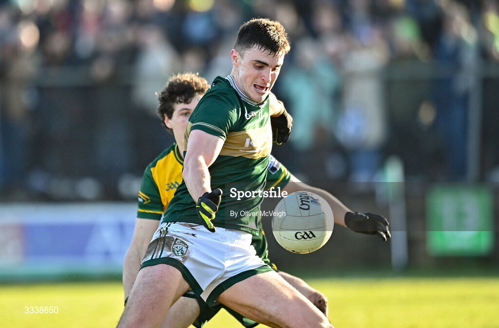 1 February 2026; Sean O'Shea of Kerry in action against Finbarr Roarty of Donegal during the Allianz Football League Division 1 match between Donegal and Kerry at Fr Tierney Park in Ballyshannon, Donegal. Photo by Oliver McVeigh/Sportsfile