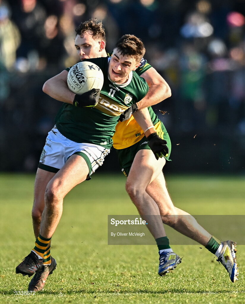 1 February 2026; Sean O'Shea of Kerry in action against Caolan McColgan of Donegal during the Allianz Football League Division 1 match between Donegal and Kerry at Fr Tierney Park in Ballyshannon, Donegal. Photo by Oliver McVeigh/Sportsfile