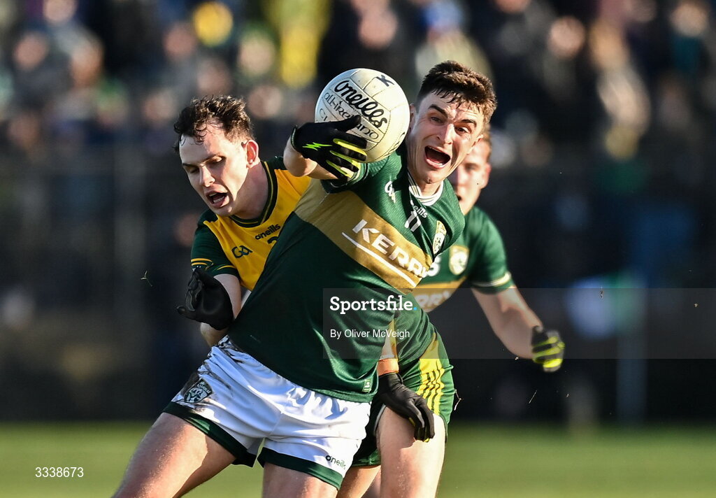 1 February 2026; Sean O'Shea of Kerry in action against Caolan McColgan of Donegal during the Allianz Football League Division 1 match between Donegal and Kerry at Fr Tierney Park in Ballyshannon, Donegal. Photo by Oliver McVeigh/Sportsfile