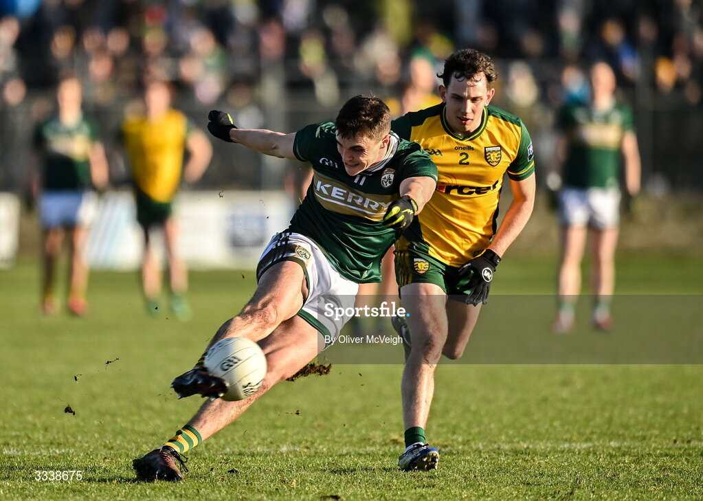 1 February 2026; Sean O'Shea of Kerry in action against Caolan McColgan of Donegal during the Allianz Football League Division 1 match between Donegal and Kerry at Fr Tierney Park in Ballyshannon, Donegal. Photo by Oliver McVeigh/Sportsfile