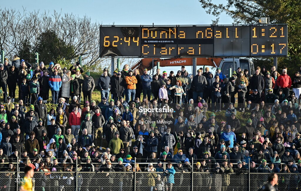 1 February 2026; A general view of the large crowd during the Allianz Football League Division 1 match between Donegal and Kerry at Fr Tierney Park in Ballyshannon, Donegal. Photo by Oliver McVeigh/Sportsfile