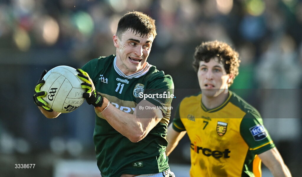 1 February 2026; Sean O'Shea of Kerry in action against Finbarr Roarty of Donegal during the Allianz Football League Division 1 match between Donegal and Kerry at Fr Tierney Park in Ballyshannon, Donegal. Photo by Oliver McVeigh/Sportsfile
