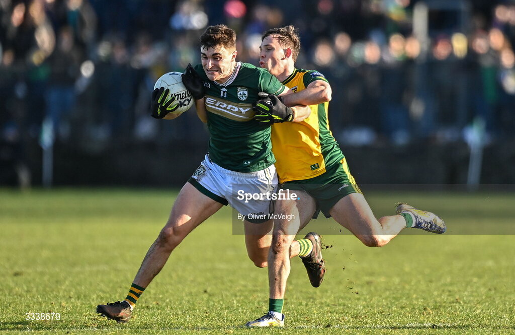 1 February 2026; Sean O;Shea of Kerry  in action against Caolan McColgan of Donegal  during the Allianz Football League Division 1 match between Donegal and Kerry at Fr Tierney Park in Ballyshannon, Donegal. Photo by Oliver McVeigh/Sportsfile