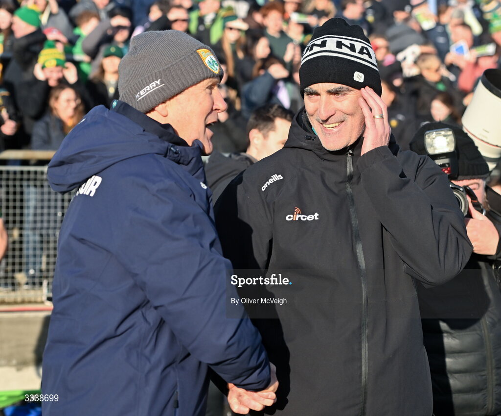 1 February 2026; Kerry manager Jack O'Connor and Donegal manager Jimmy McGuinness greet each other after the Allianz Football League Division 1 match between Donegal and Kerry at Fr Tierney Park in Ballyshannon, Donegal. Photo by Oliver McVeigh/Sportsfile