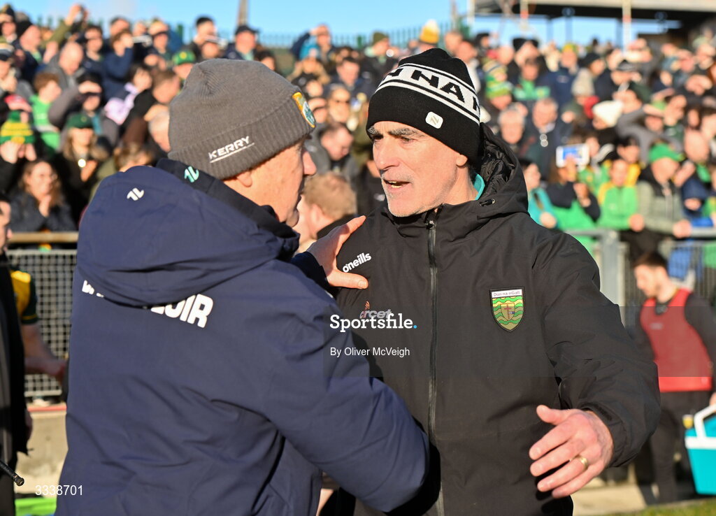 1 February 2026; Kerry manager Jack O'Connor and Donegal manager Jimmy McGuinness greet each other after the Allianz Football League Division 1 match between Donegal and Kerry at Fr Tierney Park in Ballyshannon, Donegal. Photo by Oliver McVeigh/Sportsfile