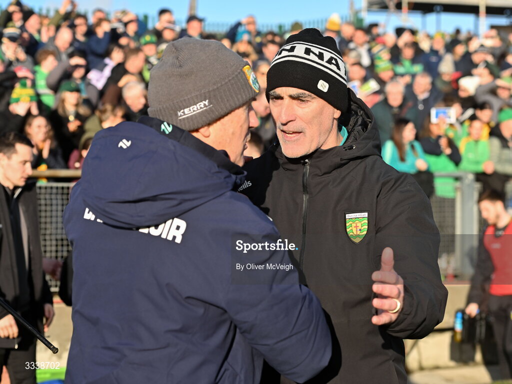 1 February 2026; Kerry manager Jack O'Connor and Donegal manager Jimmy McGuinness greet each other after the Allianz Football League Division 1 match between Donegal and Kerry at Fr Tierney Park in Ballyshannon, Donegal. Photo by Oliver McVeigh/Sportsfile