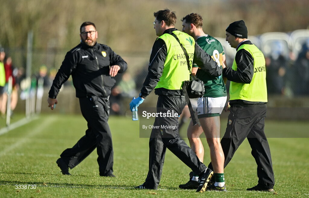 1 February 2026; Sean O'Brien of Kerry is being helped of the pitch during the Allianz Football League Division 1 match between Donegal and Kerry at Fr Tierney Park in Ballyshannon, Donegal. Photo by Oliver McVeigh/Sportsfile