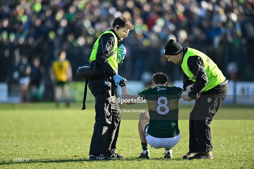 1 February 2026; Sean O'Brien of Kerry is being helped of the pitch during the Allianz Football League Division 1 match between Donegal and Kerry at Fr Tierney Park in Ballyshannon, Donegal. Photo by Oliver McVeigh/Sportsfile