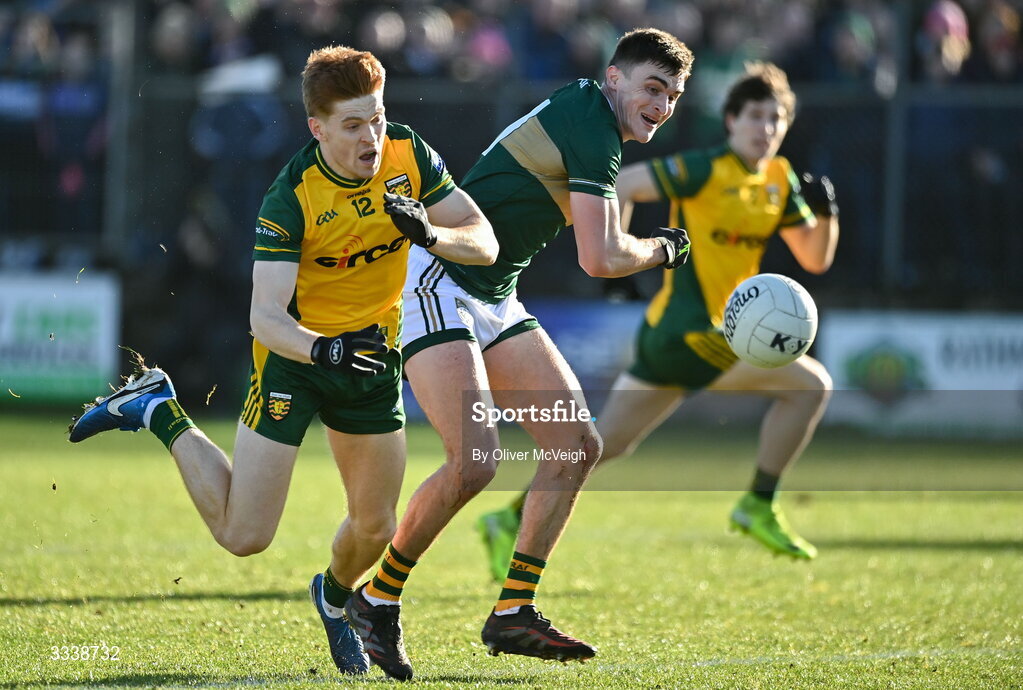 1 February 2026; Ciaran Moore of Donegal  in action against Sean O'Shea of Kerry during the Allianz Football League Division 1 match between Donegal and Kerry at Fr Tierney Park in Ballyshannon, Donegal. Photo by Oliver McVeigh/Sportsfile