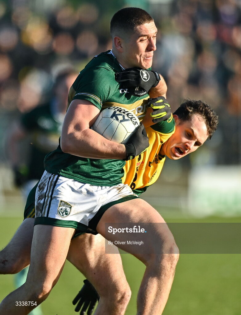 1 February 2026; Joe O’Connor of Kerry in action against Caolan McColgan of Donegal during the Allianz Football League Division 1 match between Donegal and Kerry at Fr Tierney Park in Ballyshannon, Donegal. Photo by Oliver McVeigh/Sportsfile