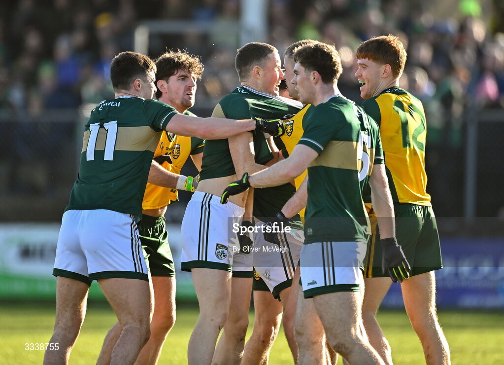 1 February 2026; Players from both teams tussle during the Allianz Football League Division 1 match between Donegal and Kerry at Fr Tierney Park in Ballyshannon, Donegal. Photo by Oliver McVeigh/Sportsfile