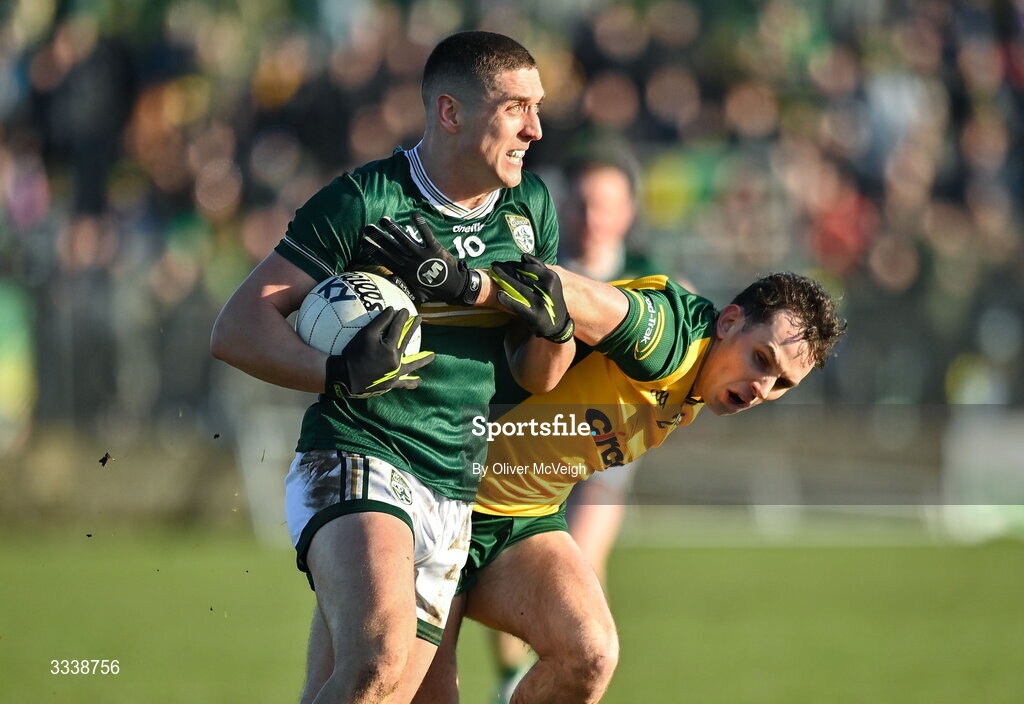 1 February 2026; Joe O’Connor of Kerry in action against Caolan McColgan of Donegal during the Allianz Football League Division 1 match between Donegal and Kerry at Fr Tierney Park in Ballyshannon, Donegal. Photo by Oliver McVeigh/Sportsfile