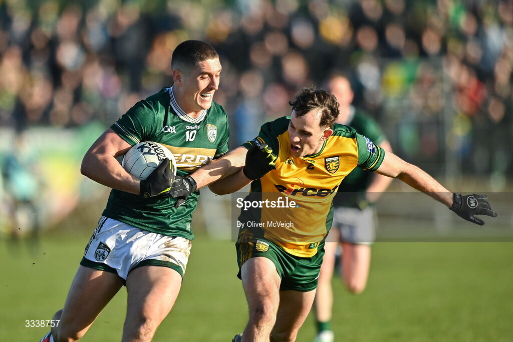 1 February 2026; Joe O’Connor of Kerry in action against Caolan McColgan of Donegal during the Allianz Football League Division 1 match between Donegal and Kerry at Fr Tierney Park in Ballyshannon, Donegal. Photo by Oliver McVeigh/Sportsfile