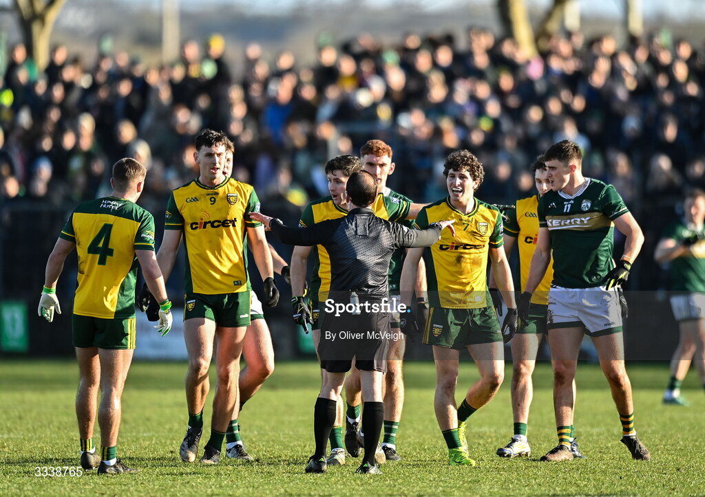 1 February 2026; Referee David Coldrick speaks to the players from both teams after their tussle during the Allianz Football League Division 1 match between Donegal and Kerry at Fr Tierney Park in Ballyshannon, Donegal. Photo by Oliver McVeigh/Sportsfile