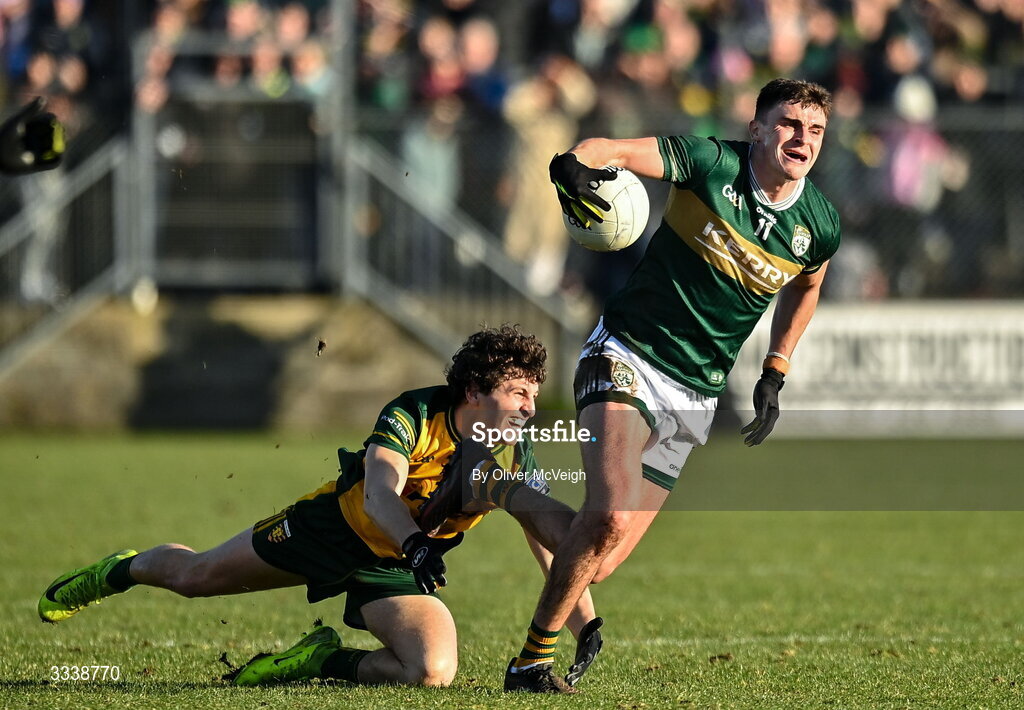 1 February 2026; Sean O'Shea of Kerry in action against Finbarr Roarty of Donegal during the Allianz Football League Division 1 match between Donegal and Kerry at Fr Tierney Park in Ballyshannon, Donegal. Photo by Oliver McVeigh/Sportsfile