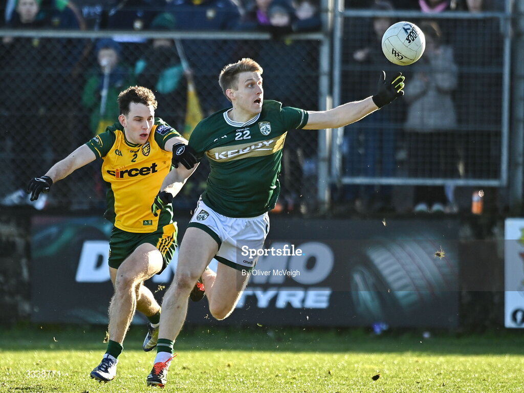 1 February 2026; Killian Spillane of Kerry in action against Caolan McColgan of Donegal during the Allianz Football League Division 1 match between Donegal and Kerry at Fr Tierney Park in Ballyshannon, Donegal. Photo by Oliver McVeigh/Sportsfile