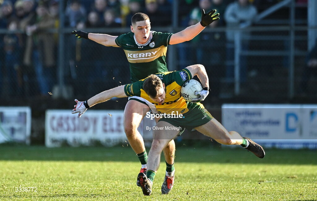 1 February 2026; Shane O'Donnell of Donegal in action against Joe O’Connor of Kerry during the Allianz Football League Division 1 match between Donegal and Kerry at Fr Tierney Park in Ballyshannon, Donegal. Photo by Oliver McVeigh/Sportsfile