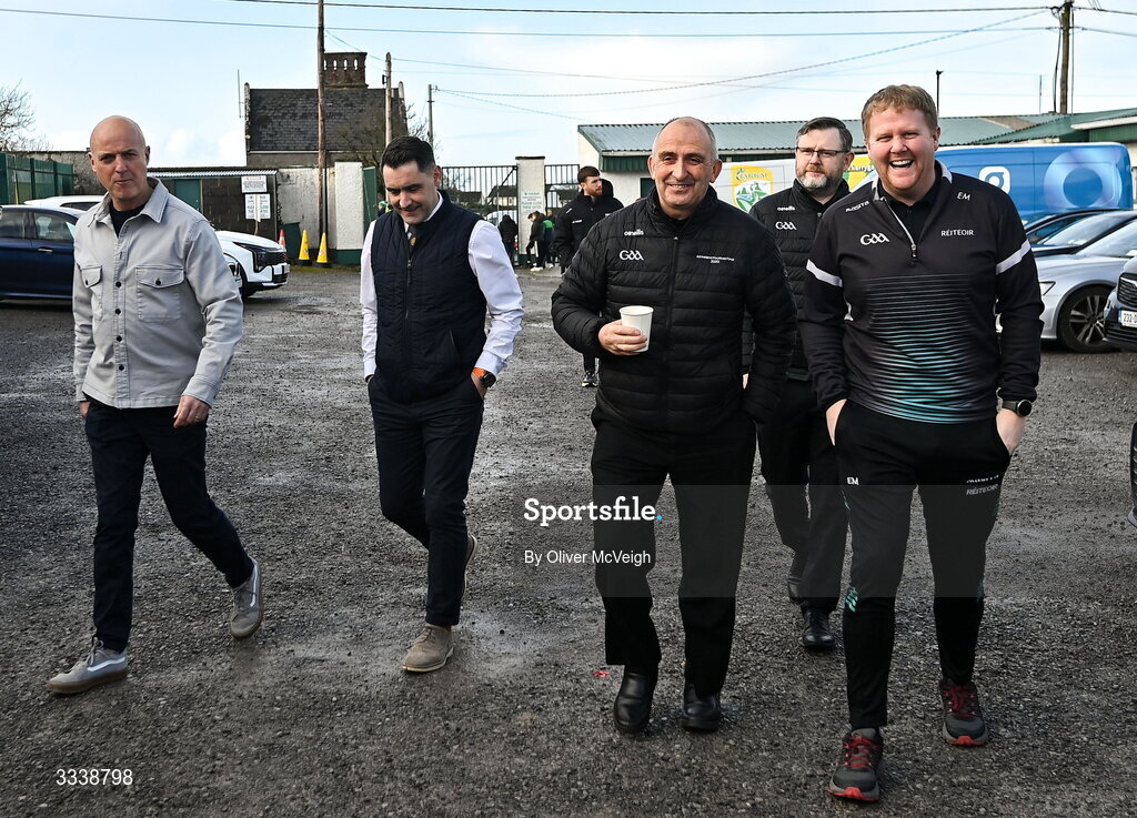 1 February 2026; The Refereeing team going to examine the pitch before the Allianz Football League Division 1 match between Donegal and Kerry at Fr Tierney Park in Ballyshannon, Donegal. Photo by Oliver McVeigh/Sportsfile