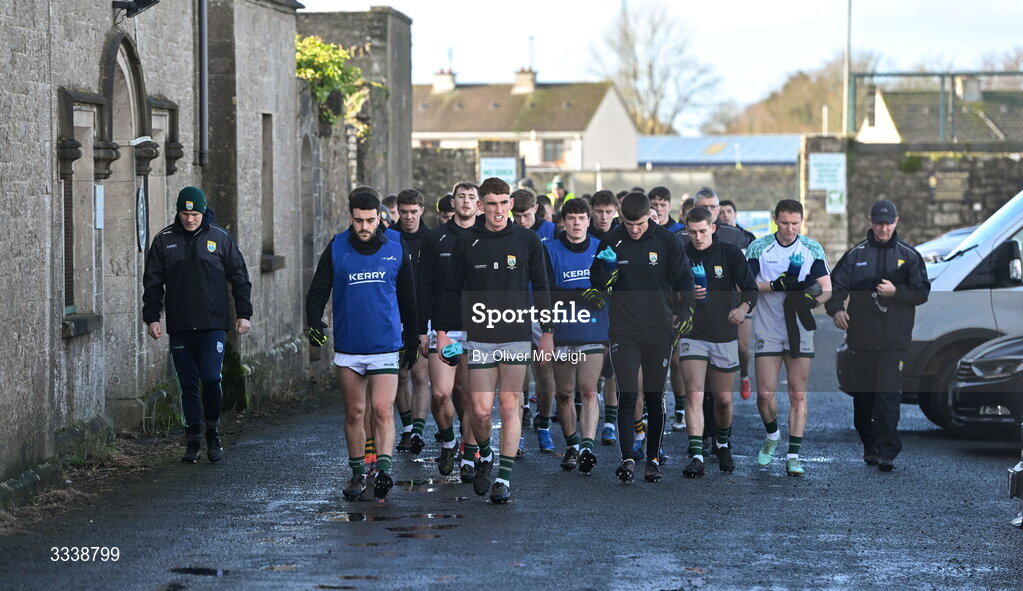 1 February 2026; The Kerry squad coming back from their warm up on an outside pitch before the Allianz Football League Division 1 match between Donegal and Kerry at Fr Tierney Park in Ballyshannon, Donegal. Photo by Oliver McVeigh/Sportsfile