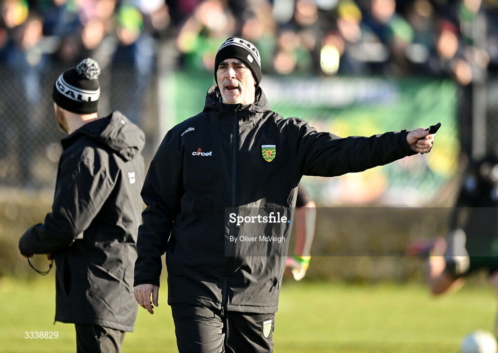 1 February 2026; Donegal manager Jimmy McGuinness before the Allianz Football League Division 1 match between Donegal and Kerry at Fr Tierney Park in Ballyshannon, Donegal. Photo by Oliver McVeigh/Sportsfile