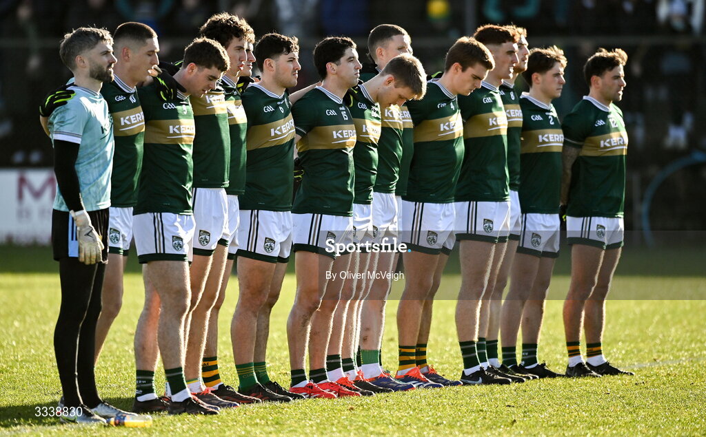 1 February 2026; The Kerry team stand for the national anthem before the Allianz Football League Division 1 match between Donegal and Kerry at Fr Tierney Park in Ballyshannon, Donegal. Photo by Oliver McVeigh/Sportsfile