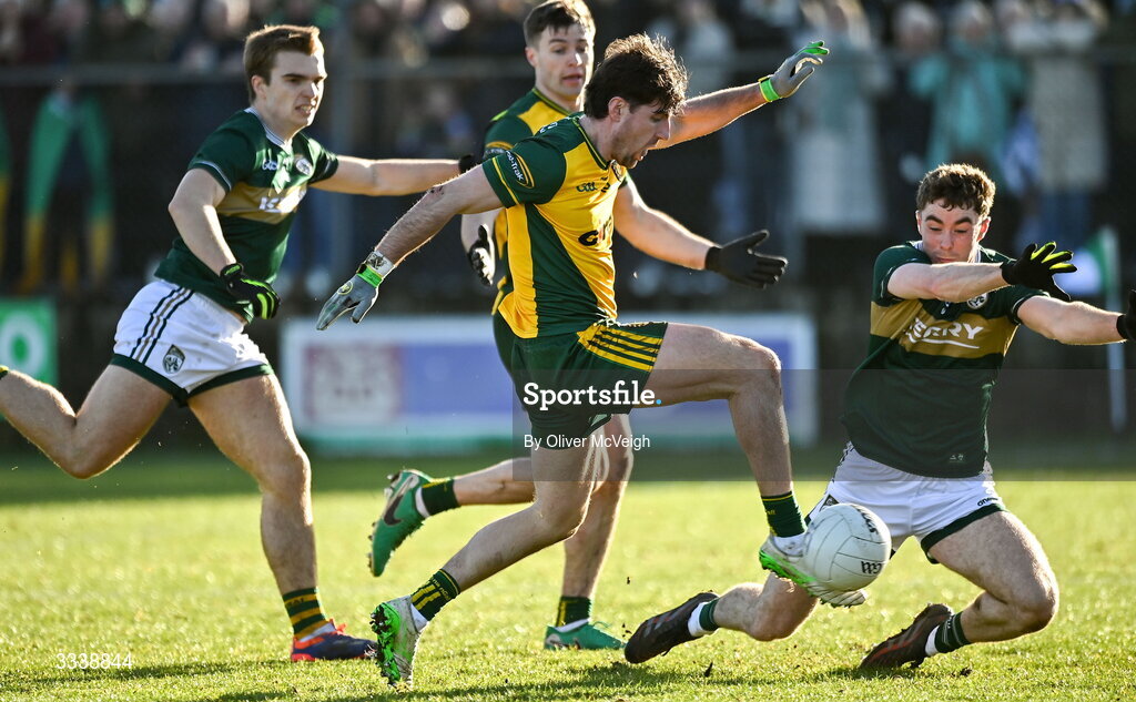 1 February 2026; Daire Ó Baoill of Donegal on his way scoring his sides first goal during the Allianz Football League Division 1 match between Donegal and Kerry at Fr Tierney Park in Ballyshannon, Donegal. Photo by Oliver McVeigh/Sportsfile