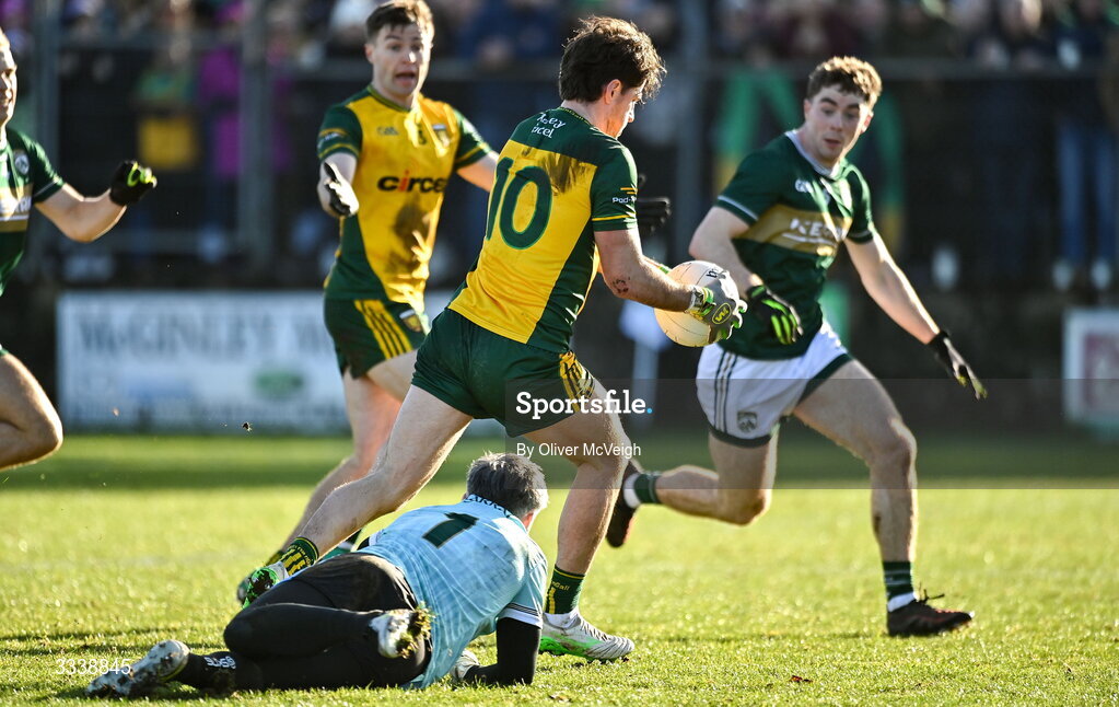 1 February 2026; Daire Ó Baoill of Donegal goes around Kerry goalkeeper Shane Murphy to score his sides first goal during the Allianz Football League Division 1 match between Donegal and Kerry at Fr Tierney Park in Ballyshannon, Donegal. Photo by Oliver McVeigh/Sportsfile
