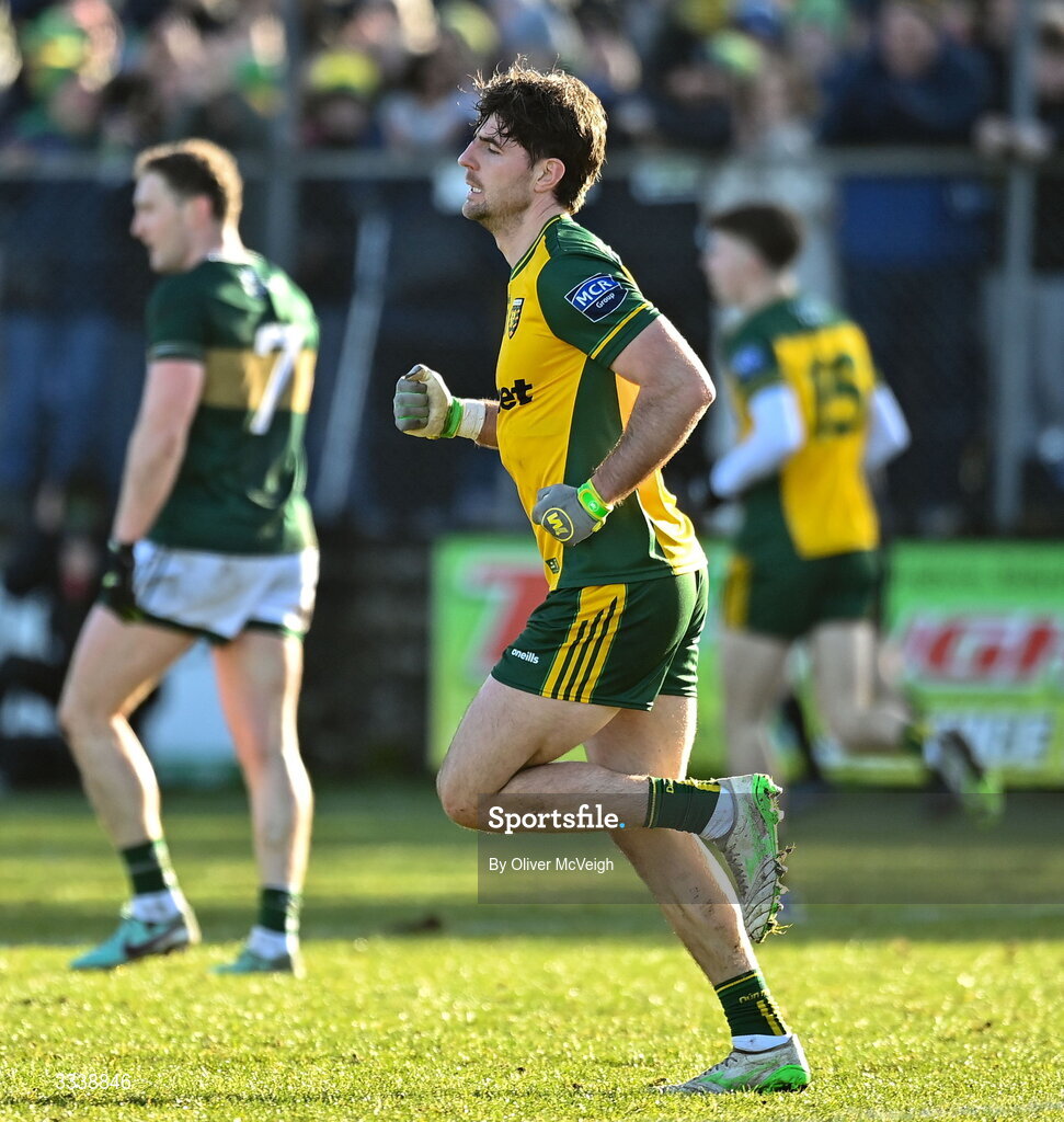 1 February 2026; Daire Ó Baoill of Donegal celebrates after scoring his sides first goal during the Allianz Football League Division 1 match between Donegal and Kerry at Fr Tierney Park in Ballyshannon, Donegal. Photo by Oliver McVeigh/Sportsfile