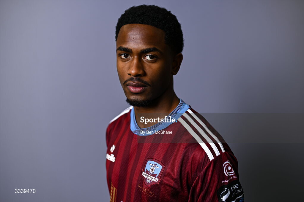 31 January 2026; Junior Thiam during a Galway United squad portraits session at Galway United FC Shop in Galway. Photo by Ben McShane/Sportsfile