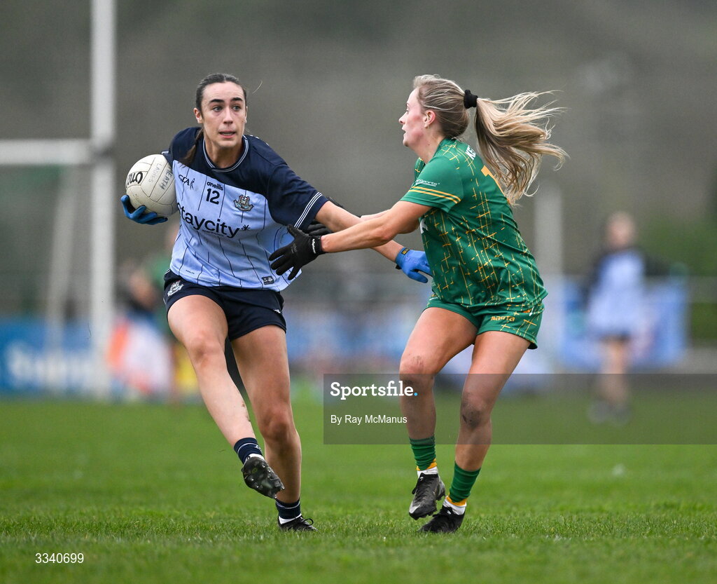 2 February 2026; Kate Donaghy of Dublin in action against Megan Thynne of Meath during the Lidl Ladies National Football League Division 1 Round 2 match between Meath and Dublin at St Patrick’s GFC in Stamullen, Meath. Photo by Ray McManus/Sportsfile