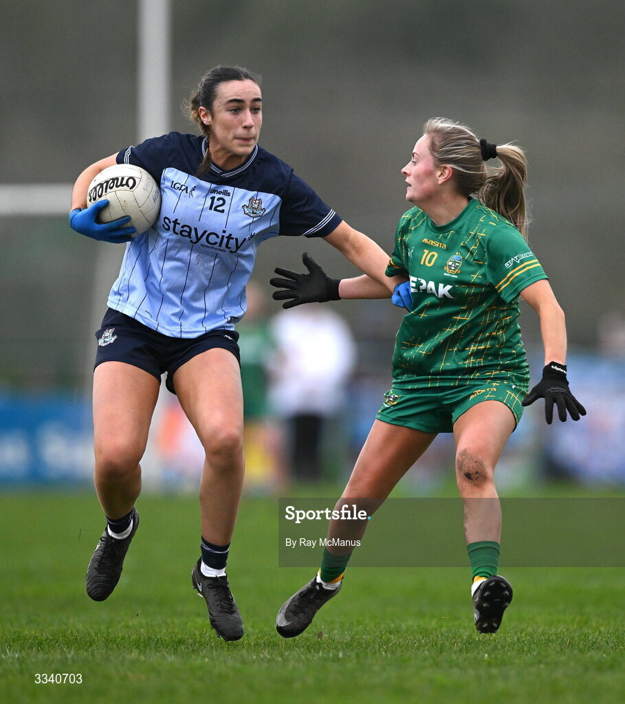 2 February 2026; Kate Donaghy of Dublin in action against Megan Thynne of Meath during the Lidl Ladies National Football League Division 1 Round 2 match between Meath and Dublin at St Patrick’s GFC in Stamullen, Meath. Photo by Ray McManus/Sportsfile