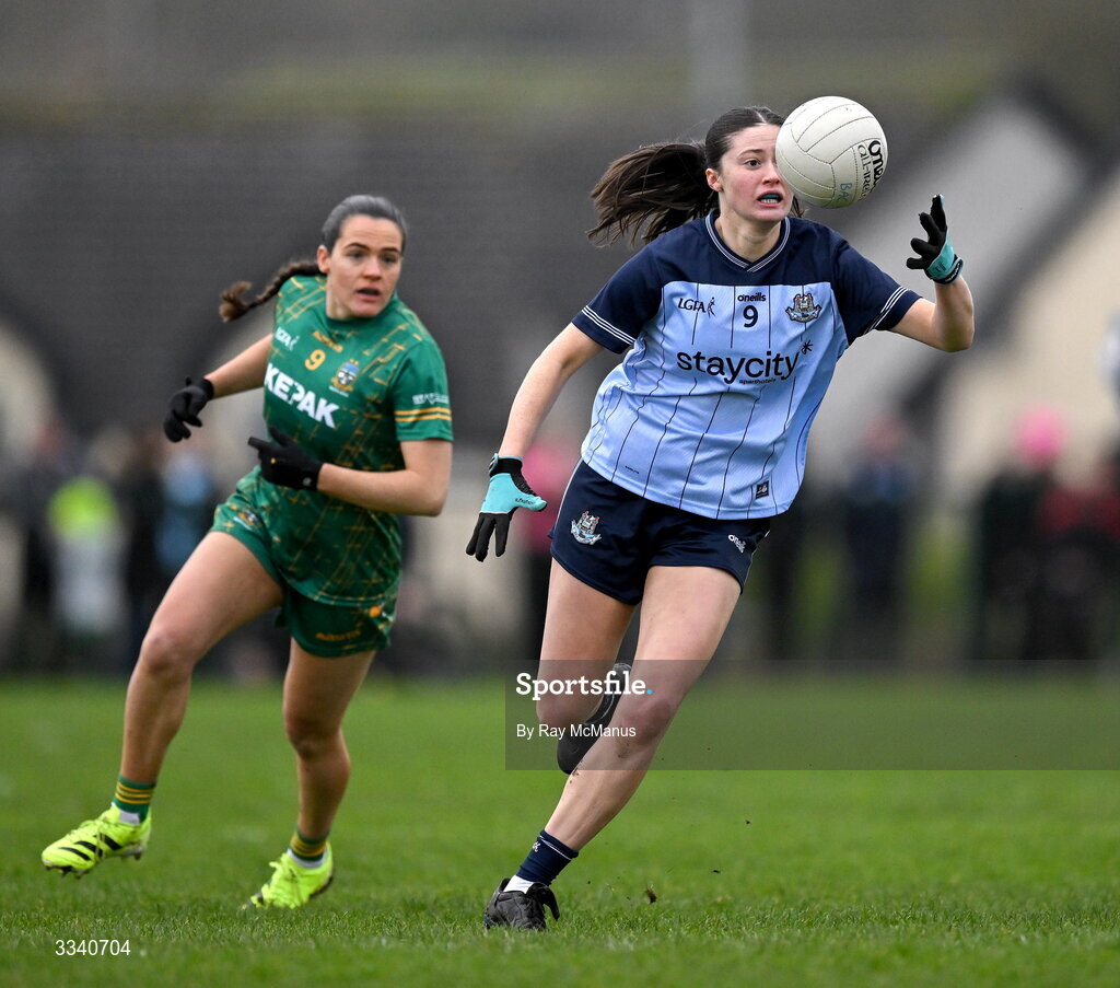 2 February 2026; Hannah McGinnis of Dublin in action against Niamh Gallogly of Meath during the Lidl Ladies National Football League Division 1 Round 2 match between Meath and Dublin at St Patrick’s GFC in Stamullen, Meath. Photo by Ray McManus/Sportsfile